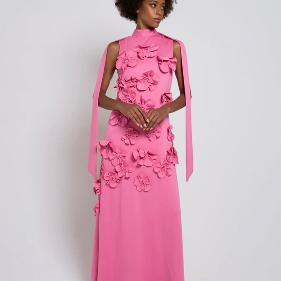 NWOT Womens 3D Flowers Bubblegum Pink Sleeveless Maxi Dress Stretch Jersey LARGE - Picture 2 of 10